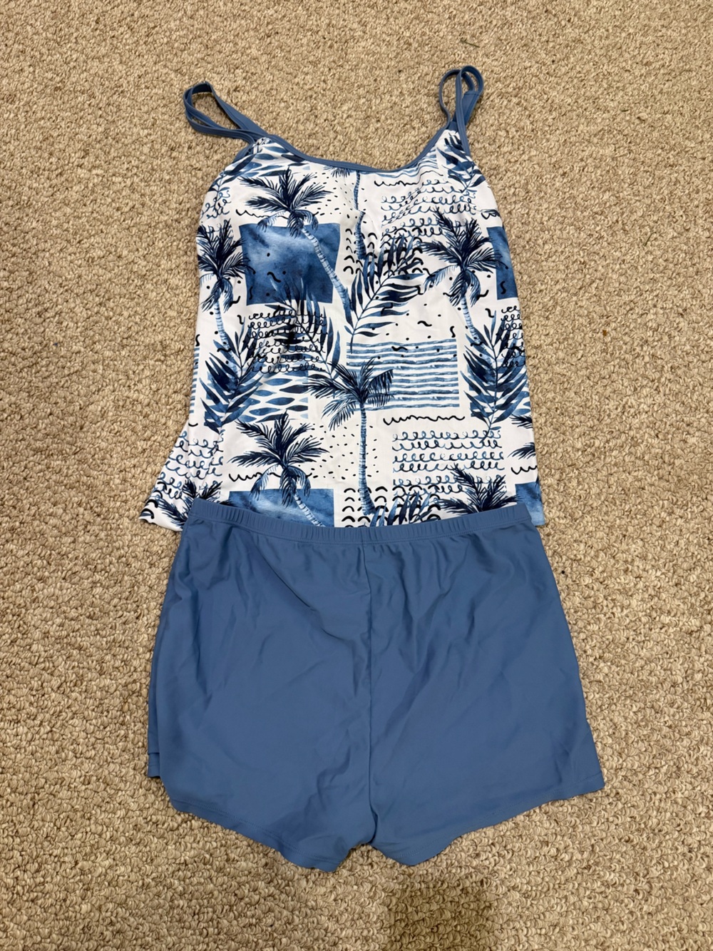Blue Palm Print Tankini Top with Solid Blue Swim Shorts